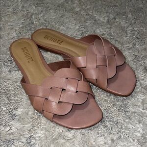 Schutz Womens Size 6.5 Sweet Rose Pink Woven Leather Slide Sandals